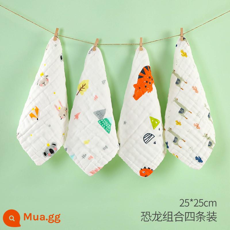 Khăn Gạc Cho Bé Khăn Rửa Mặt Cotton Nguyên Chất Khăn Thấm Nước Bọt Cho Bé Siêu Mềm Tắm Trẻ Sơ Sinh Khăn Vuông Nhỏ Khăn ợ - Gói 4 khăn quàng vuông 25x25cm khủng long (nâng cấp kháng khuẩn)