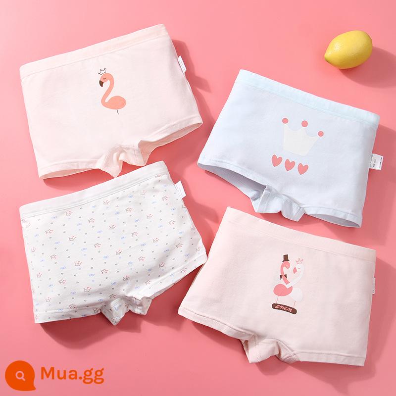 Đồ lót cotton nguyên chất cho bé gái, bé trai lớn, học sinh, quần đùi boxer tam giác trẻ em, bé gái 100% cotton không PP - Chim hồng hạc nhỏ (hộp 4 miếng)