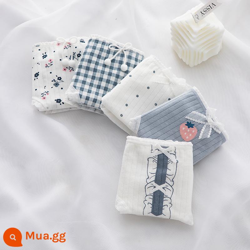 Đồ lót cotton nguyên chất cho bé gái, bé trai lớn, học sinh, quần đùi boxer tam giác trẻ em, bé gái 100% cotton không PP - Dâu xanh sương mù (5 hình tam giác)