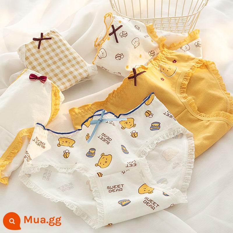 Đồ lót cotton nguyên chất cho bé gái, bé trai lớn, học sinh, quần đùi boxer tam giác trẻ em, bé gái 100% cotton không PP - Ong vàng (5 gói hình tam giác)