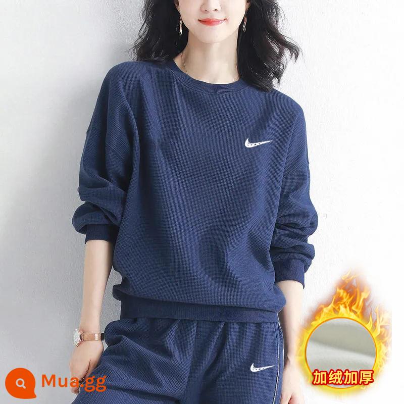 Bộ đồ thể thao Niketon nữ xuân thu 2023 mới thường ngày cộng với quần áo lông cừu Áo thun dày nữ hoàn chỉnh - Bộ đồ sang trọng màu xanh hải quân [trắng]