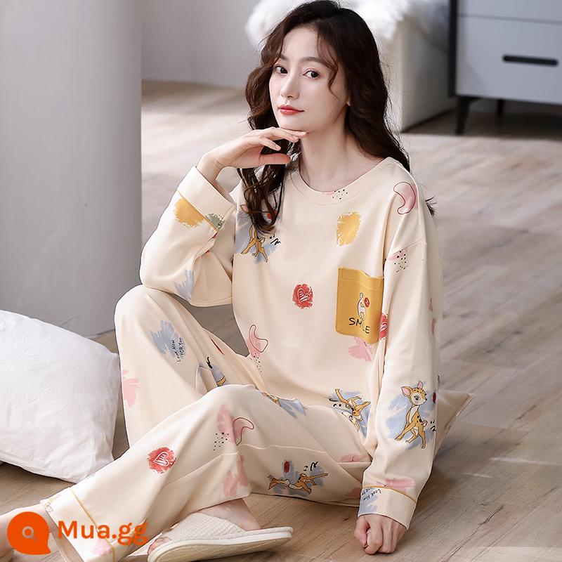 Bộ đồ ngủ Nanjiren nữ mùa xuân và mùa thu cotton nguyên chất dài tay mùa xuân mới 2023 phần mỏng dễ thương bộ quần áo mặc ở nhà phù hợp với QG - Q6633