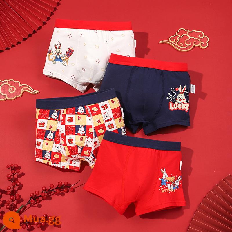 Nanjiren Quần Lót Trẻ Em Bé Trai Cotton Nguyên Chất Bé Trai Cotton Trung Và Lớn Quần Lót Boxer Trẻ Em 100%FH - Chúc mừng năm con thỏ (Màu đỏ trong năm con thỏ)