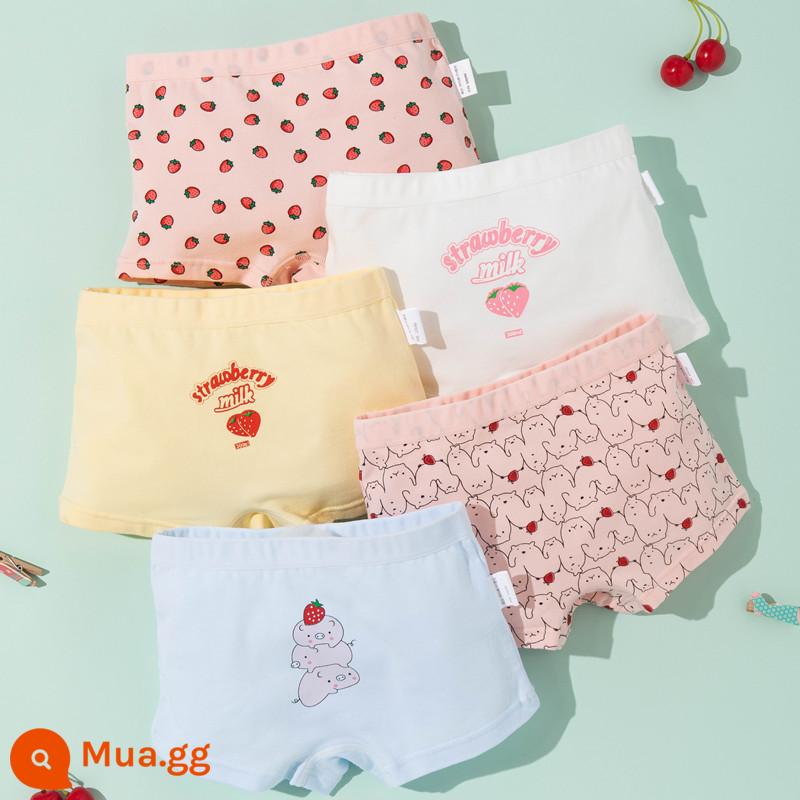 Nanjiren Quần Lót Bé Gái Cotton Nguyên Chất Quần Lót Boxer Trẻ Em Nữ Cho Bé Lớn Bé Trai Bé Gái Quần Lót Boxer 100% FH - Piggy Dâu [Bông Nguyên Chất 5 Gói]