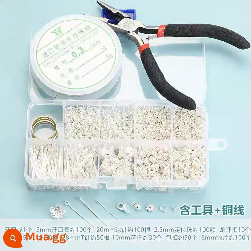 Một bộ đầy đủ các phụ kiện 10 lưới, đồ trang sức DIY, vật liệu đóng hộp đính cườm thủ công, vòng tori mở, hộp đựng dụng cụ định vị hạt - Bộ bạc 10 lưới (gồm kìm mũi kim + dây đồng 0.3)