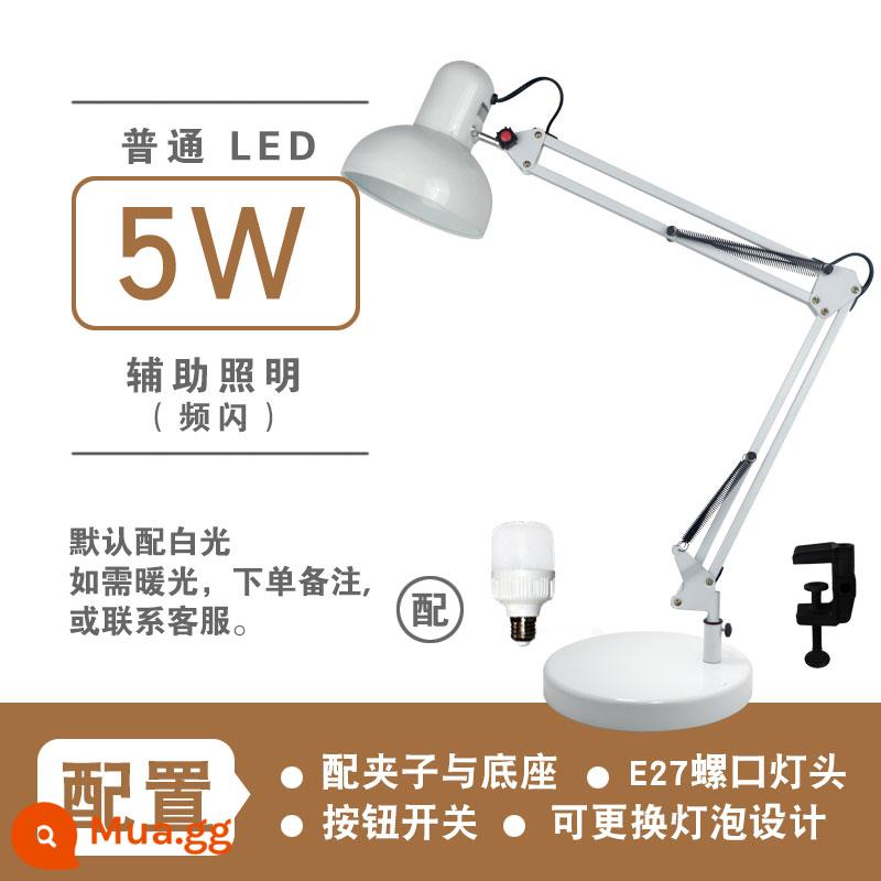 Đèn LED Để Bàn Cánh Tay Dài Gấp Mỹ Kẹp Bảo Vệ Mắt Đầu Giường Nghiên Cứu Công Việc Làm Móng Tay Sửa Hình Xăm Thêu Chụp Trực Tiếp - Model đế lớn màu trắng (bóng đèn thông thường 5wLED)