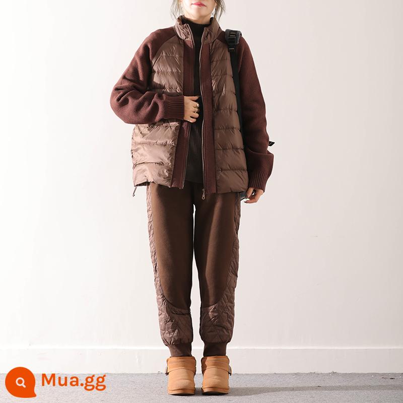 Hoàng Sen Mùa Đông Mới Áo Len Dày Khâu Cardigan Cotton Cổ 2 Nữ Lỏng Lẻo Kích Thước Lớn Thời Trang - Màu nâu