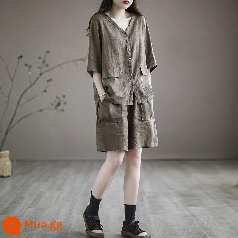 Ga Châu Âu Cotton Và Quần Short Linen Phù Hợp Với Nữ Mùa Hè Cổ Chữ V Linen Top Nữ Ngắn Tay Áo Sơ Mi Gai Thường Ngày 2 Mảnh - Màu cà phê