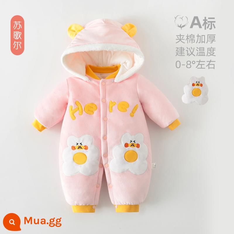 Bộ quần áo mùa đông cho bé cộng với bộ áo liền quần sơ sinh nhung dày dặn quần áo cotton quần áo cotton giữ ấm mùa đông đi ra ngoài giữ quần áo - Lòng đỏ trứng nhung ấm, bên ngoài nhung và bên trong bông