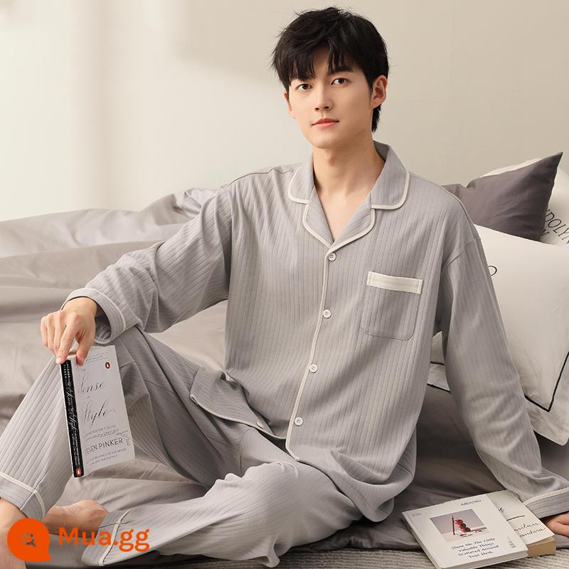 Bộ đồ ngủ nam mùa xuân và mùa thu áo cardigan dài tay cotton nguyên chất cỡ lớn rộng rãi thanh thiếu niên có thể mặc bộ quần áo ở nhà mùa thu đông - Bộ áo cardigan LS7208