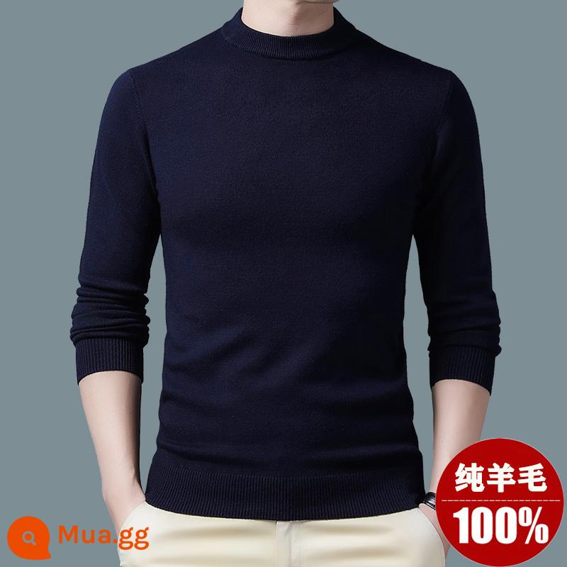 Ordos Thu Đông 100% Nguyên Chất Áo Len Nam Cổ Cao Nửa Áo Len Dày Ấm Dệt Kim Cashmere Lưng - Cổ tròn/xanh