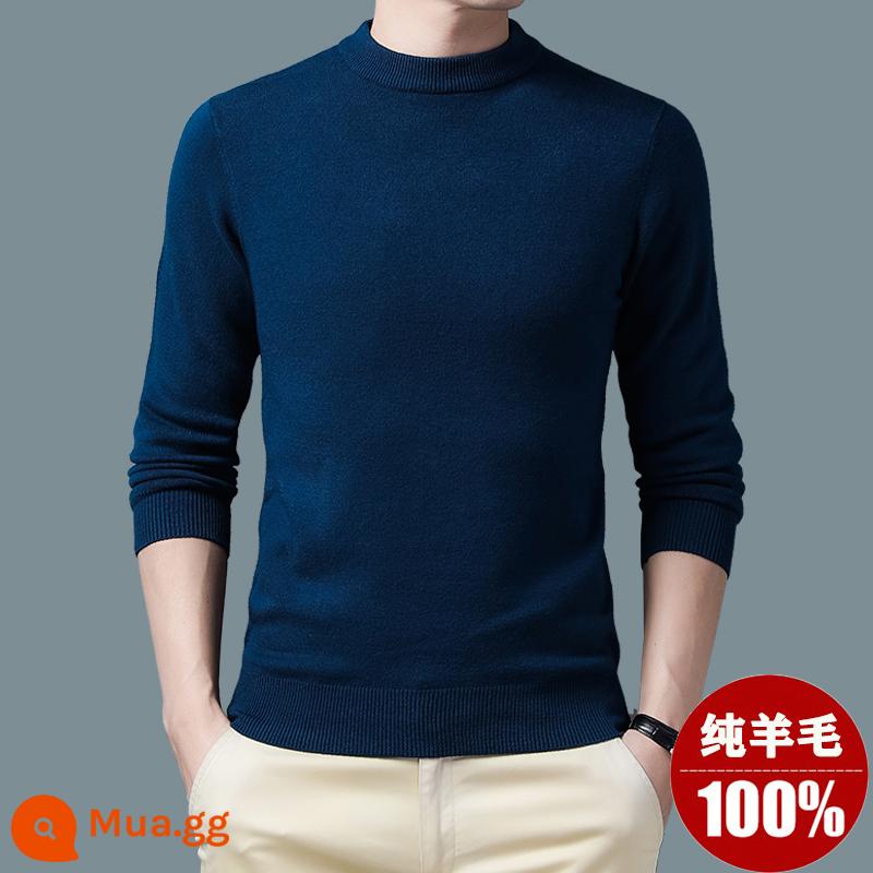 Ordos Thu Đông 100% Nguyên Chất Áo Len Nam Cổ Cao Nửa Áo Len Dày Ấm Dệt Kim Cashmere Lưng - cổ tròn/màu xanh