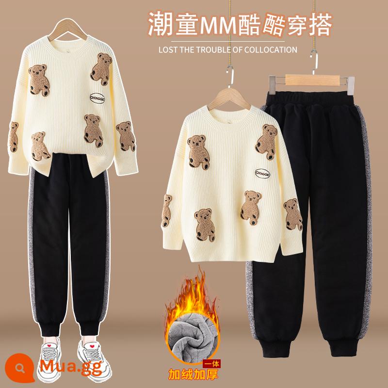 Quần cotton dày 3 lớp bé gái mặc quần mùa đông ấm áp cho bé lớn mùa thu đông miền bắc - 5068 đen + 9363 mơ [áo len dày]