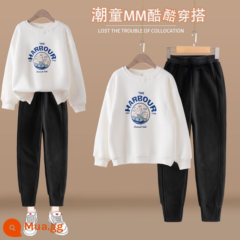 Quần dài bé gái xuân thu cộng nhung quần thể thao trẻ em thu đông xuân trung thu trẻ em xuân 2023 quần cotton dày thông thường mới - 5216 đen + 4637 trắng [Bộ Xuân Thu]