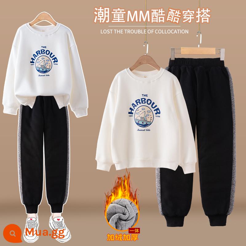 Quần cotton dày 3 lớp bé gái mặc quần mùa đông ấm áp cho bé lớn mùa thu đông miền bắc - 5068 đen + 4637 trắng [Bộ áo len lông cừu]