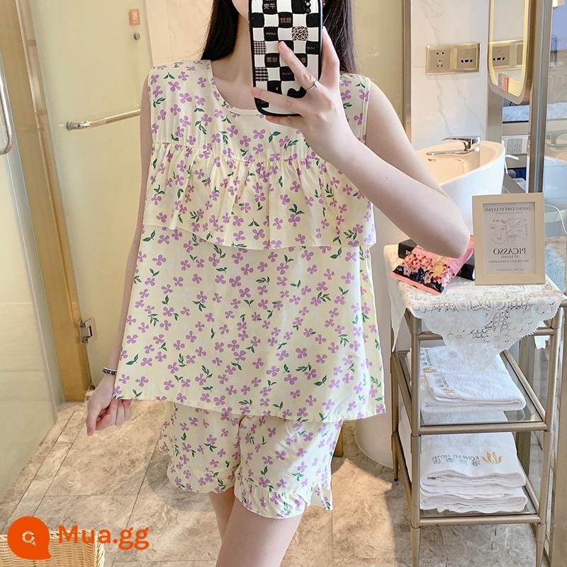 Bộ đồ ngủ chống va đập mùa hè của phụ nữ cotton lụa siêu mỏng mùa hè vest quần short không tay phù hợp với dịch vụ gia đình sinh viên - Áo chống phồng có lá nhỏ và hoa mịn