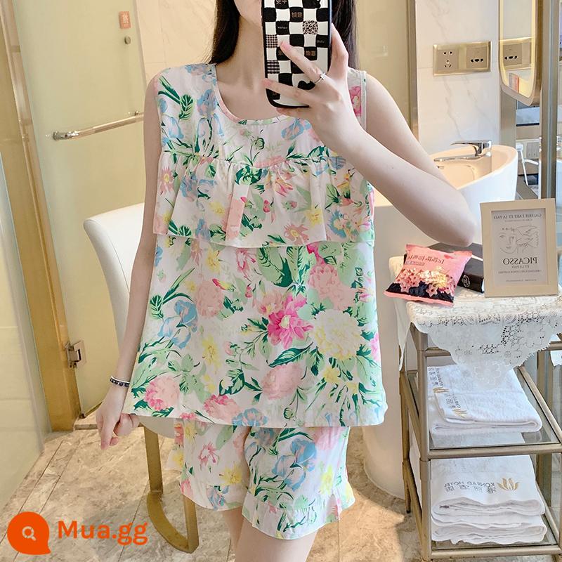 Bộ đồ ngủ chống va đập mùa hè của phụ nữ cotton lụa siêu mỏng mùa hè vest quần short không tay phù hợp với dịch vụ gia đình sinh viên - Áo hoa mùa hè chống va đập