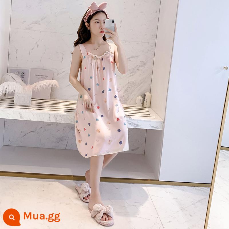 Bộ đồ ngủ cotton lụa treo quần áo ngủ nữ mùa hè băng lụa mát lạnh cô gái sinh viên ngọt ngào và dễ thương mùa hè lụa cotton gợi cảm - 669 Áo ngủ trái tim màu hồng