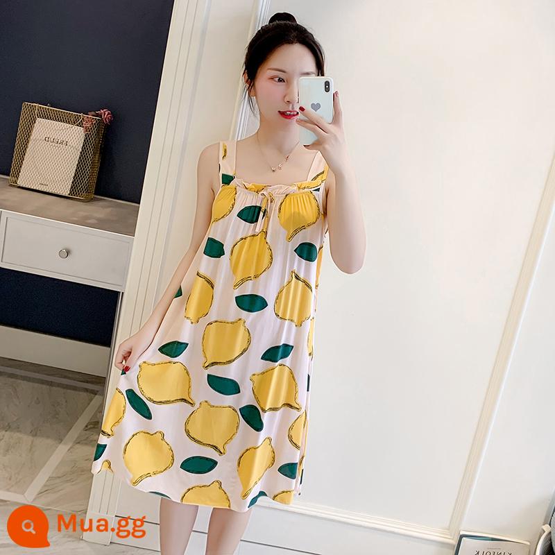 Bộ đồ ngủ cotton lụa treo quần áo ngủ nữ mùa hè băng lụa mát lạnh cô gái sinh viên ngọt ngào và dễ thương mùa hè lụa cotton gợi cảm - Váy ngủ dây đeo nền màu hồng nhạt