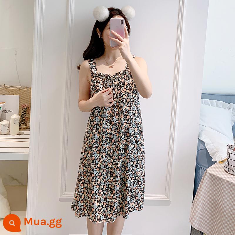 Bộ đồ ngủ cotton lụa treo quần áo ngủ nữ mùa hè băng lụa mát lạnh cô gái sinh viên ngọt ngào và dễ thương mùa hè lụa cotton gợi cảm - 669 hoa nâu