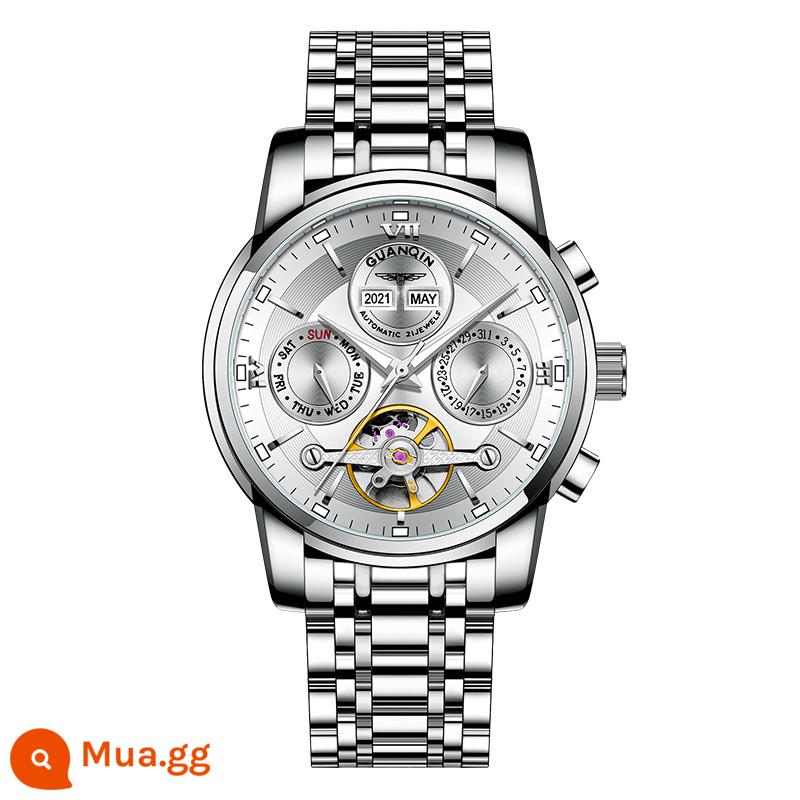 Chính Hãng Guanqin Nam Đồng Hồ Cơ Tự Động Tourbillon Rỗng Chống Thấm Nước Dạ Quang Triều Đồng Hồ Nam Dây Thép Không Gỉ - Bề mặt thép không gỉ màu trắng