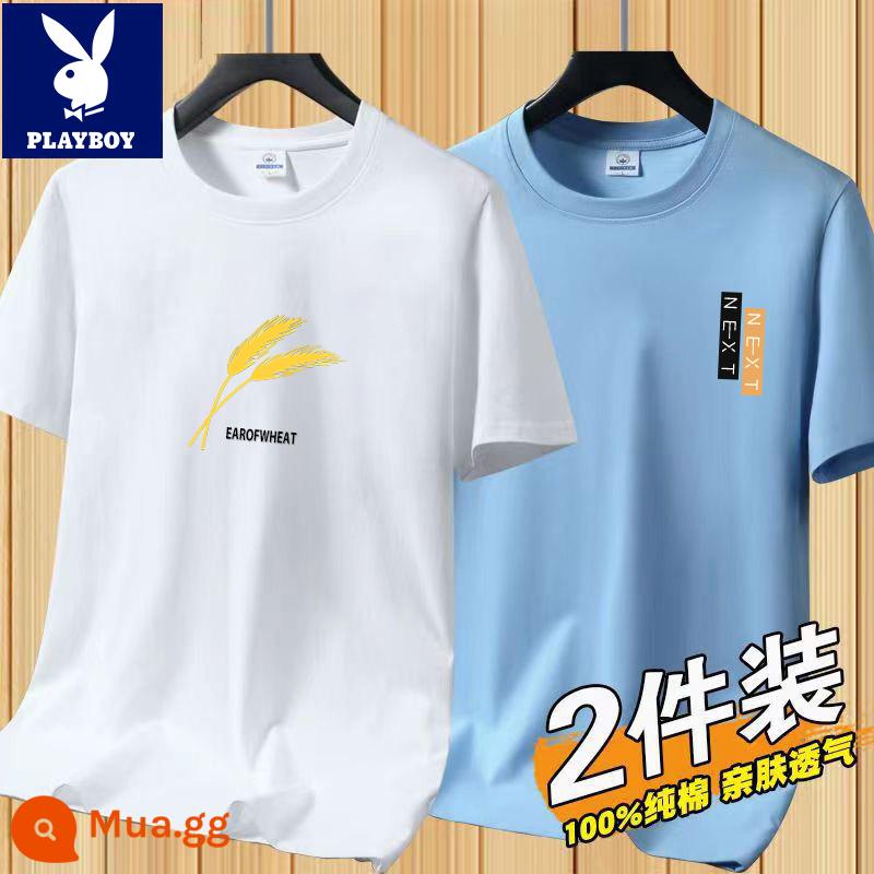 Áo thun tay ngắn Playboy nam mùa hè mới Áo thun cotton trắng nam cổ tròn top đáy áo sơ mi xu hướng - [2 chiếc 832 trắng + 831 xám xanh]