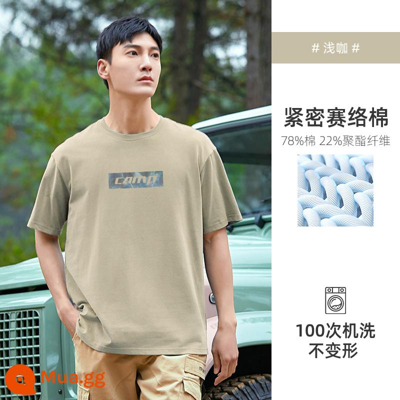 Trailblazer 2023 cotton mùa hè áo thun ngắn tay quần áo nam áo thun nửa tay cổ tròn nửa tay màu xanh - In chữ phản chiếu màu cà phê nhẹ