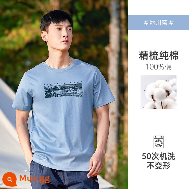 Trailblazer 2023 cotton mùa hè áo thun ngắn tay quần áo nam áo thun nửa tay cổ tròn nửa tay màu xanh - Ngựa xanh sông băng giẫm lên Feiyan