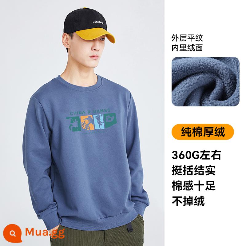 Tuolu Zhe nặng 350g mùa đông áo len lông cừu nam cotton nguyên chất cổ tròn áo chui đầu dài tay xuân thu áo khoác thể thao - Màu xanh khói tinh khiết cotton cộng với nhung