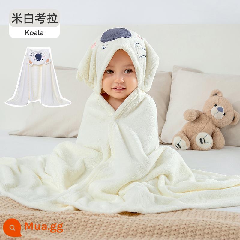 Khăn tắm trẻ em Jingqi Khăn tắm có mũ trùm đầu bằng nhung san hô siêu mềm hơn cotton nguyên chất để tắm cho bé, cả bé trai và bé gái đều mặc được - 70x140cm [kiểu trùm đầu] gấu túi màu trắng nhạt