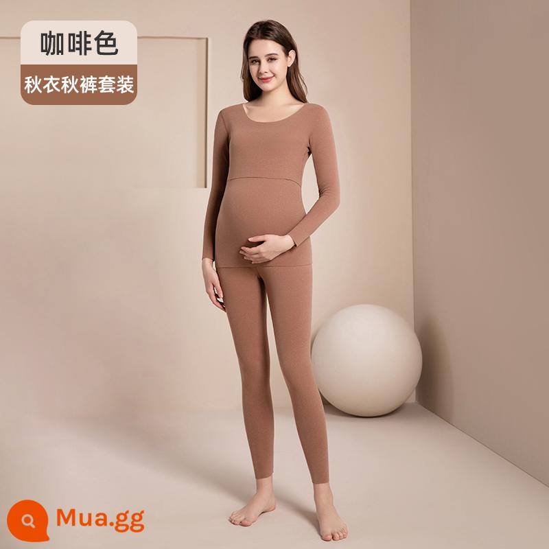 Jingqi Quần Áo Sưởi Ấm Cho Bà Bầu Áo Quần Áo Thu Đông Bộ Quần Vệ Sinh Plus Nhung Quần Áo Lót Mùa Thu Đông Bộ Đồ Ngủ Cho Con Bú Sau Sinh Cho Nữ - Bộ mì AB nâu