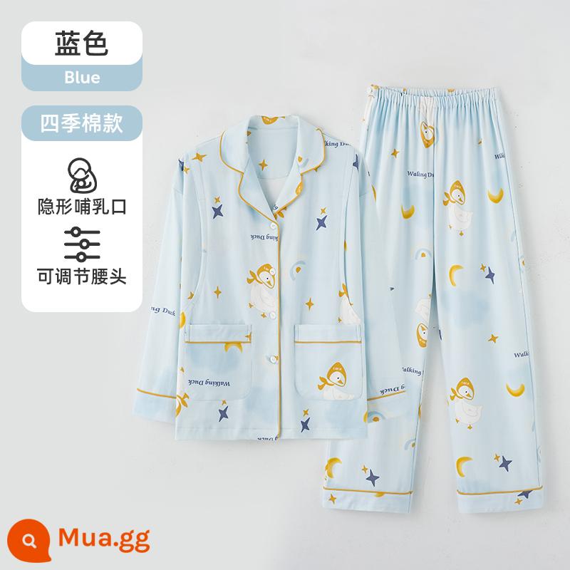 Quần áo ngủ Jingqi, đồ ngủ dành cho bà bầu, bộ đồ cotton nguyên chất sau sinh mùa thu đông, bà mẹ tương lai, bộ quần áo mặc nhà ngỗng - màu xanh da trời