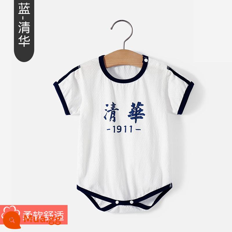 Thanh Hoa Đại Học Bắc Kinh quần áo trẻ em mùa hè túi đeo xì hơi quần áo cotton cho bé áo vest tam giác áo liền quần liền quần mùa hè - Túi ngắn tay-xanh-Tsinghua