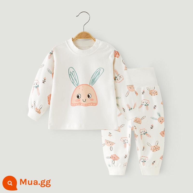 Quần áo mùa thu và quần vệ sinh cho bé phù hợp với cotton nguyên chất eo cao bảo vệ bụng sưởi ấm quần áo trẻ em hai mảnh đáy mùa thu đông - con thỏ