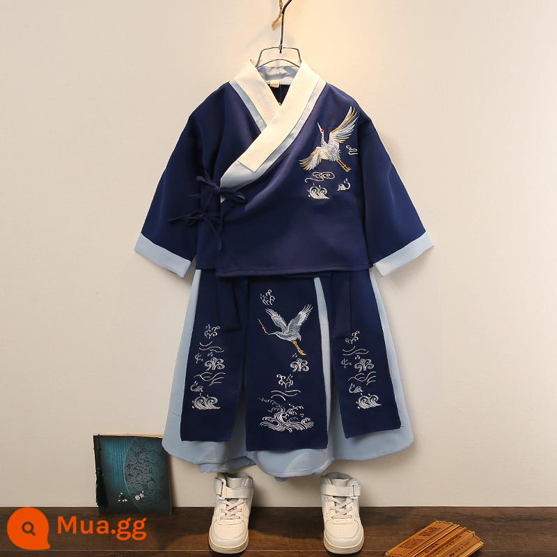 Quần áo biểu diễn bé trai Hanfu Bộ đồ Đường mùa hè bé trai ngắn tay trang phục cổ xưa phong cách Trung Quốc biểu diễn Trung thu cho trẻ em Đồng phục học sinh Trung Quốc - tay dài màu xanh