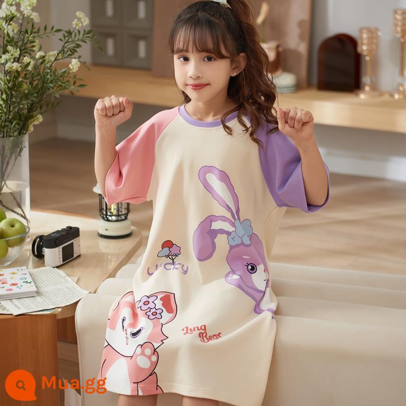 Váy ngủ cotton nguyên chất phong cách mùa hè quế chó công chúa bé gái lớn bé trai bé gái đồ ngủ ngắn tay mùa hè phục vụ tại nhà - QD-22627 Lina và Xingdailu tay áo màu hồng, tím (váy ngủ cotton ngắn tay)