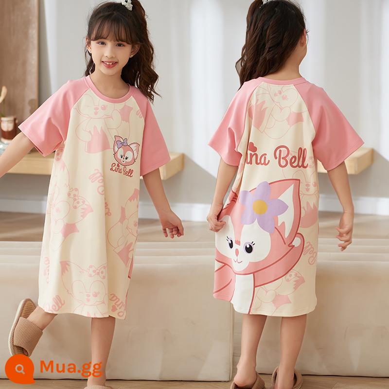 Váy ngủ cotton nguyên chất phong cách mùa hè quế chó công chúa bé gái lớn bé trai bé gái đồ ngủ ngắn tay mùa hè phục vụ tại nhà - QD-22631 Lina Belle tay hồng (váy ngủ cotton ngắn tay)