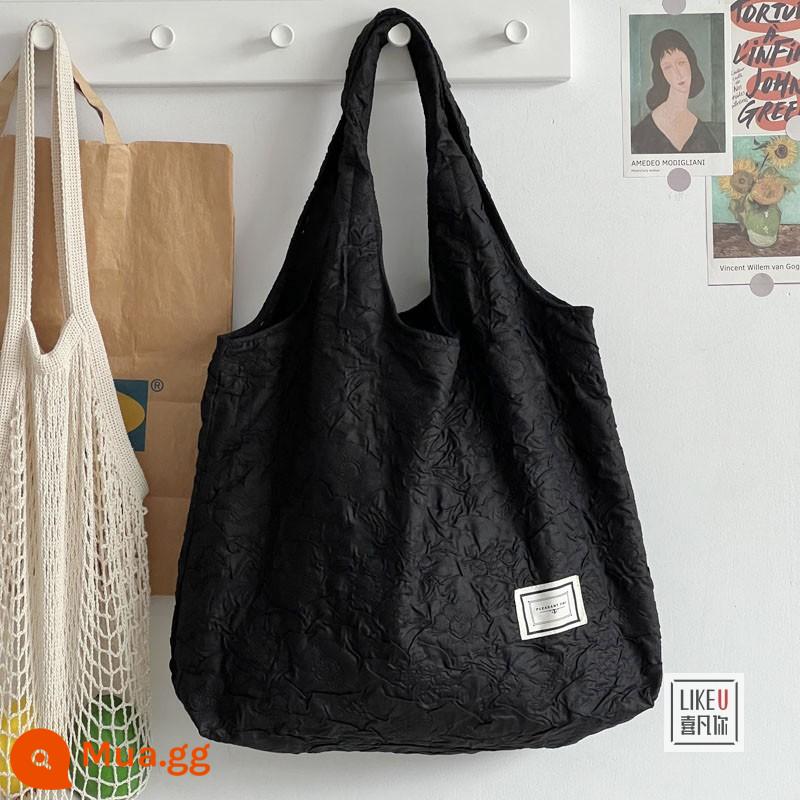 Túi tote yoga bằng sợi polyester thiết kế nguyên bản in nổi hoa đơn giản và đa năng, túi đeo vai văn học dung lượng lớn dành cho nữ - nếp gấp màu đen