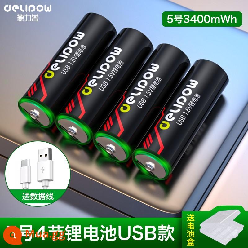 Delipu số 5 pin sạc lithium aa dung lượng lớn USB sạc nhanh 1.5v máy đo huyết áp khóa cửa tay cầm chuột chuyên dụng - Số 5 3400mWh*4 cell [Loại cáp USB] Pin lithium 1,5V