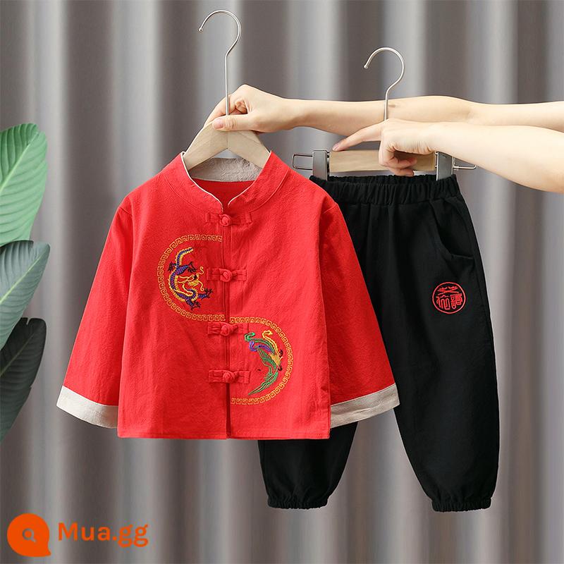 Bé Trai Hanfu Bộ Đồ Xuân Thu 2023 Mới Trẻ Em Phong Cách Cổ Đại Đường Phù Hợp Với Bé Trai Một Tuổi Dự Tiệc mùa Thu Retro - màu đỏ