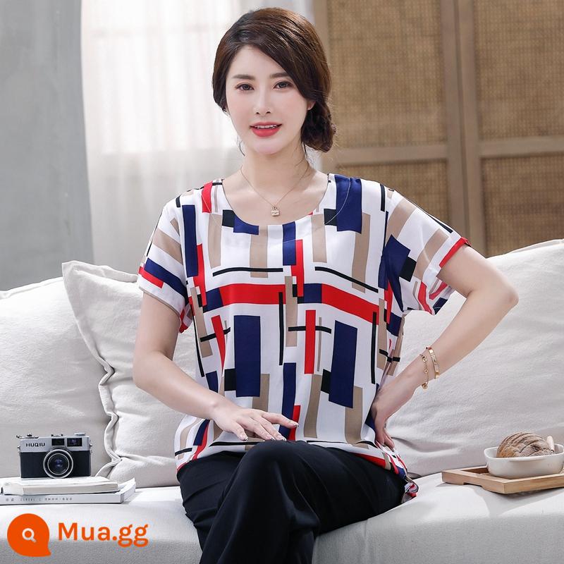 Bộ đồ ngủ bằng cotton cho người trung niên và người cao tuổi Bộ quần áo ngắn tay bằng cotton lụa mùa hè của phụ nữ cotton lụa cho mẹ quần áo mặc ở nhà cỡ lớn - Quần đen ca rô nhiều màu sắc