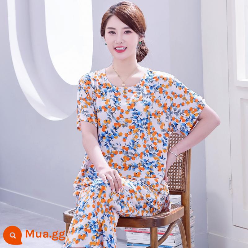 Bộ đồ ngủ bằng cotton cho người trung niên và người cao tuổi Bộ quần áo ngắn tay bằng cotton lụa mùa hè của phụ nữ cotton lụa cho mẹ quần áo mặc ở nhà cỡ lớn - Bộ quất Như Ý