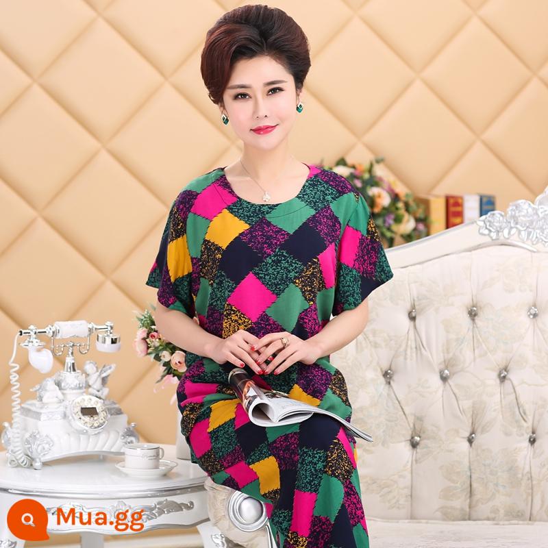 Bộ đồ ngủ bằng cotton cho người trung niên và người cao tuổi Bộ quần áo ngắn tay bằng cotton lụa mùa hè của phụ nữ cotton lụa cho mẹ quần áo mặc ở nhà cỡ lớn - Bộ vuông đầy màu sắc