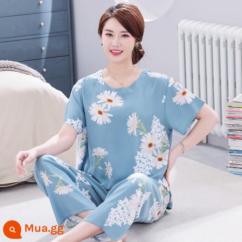 Bộ đồ ngủ bằng cotton cho người trung niên và người cao tuổi Bộ quần áo ngắn tay bằng cotton lụa mùa hè của phụ nữ cotton lụa cho mẹ quần áo mặc ở nhà cỡ lớn - Bộ hoa cúc xanh nhạt