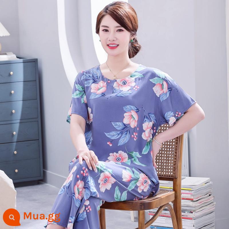 Bộ đồ ngủ bằng cotton cho người trung niên và người cao tuổi Bộ quần áo ngắn tay bằng cotton lụa mùa hè của phụ nữ cotton lụa cho mẹ quần áo mặc ở nhà cỡ lớn - Blooming Suit