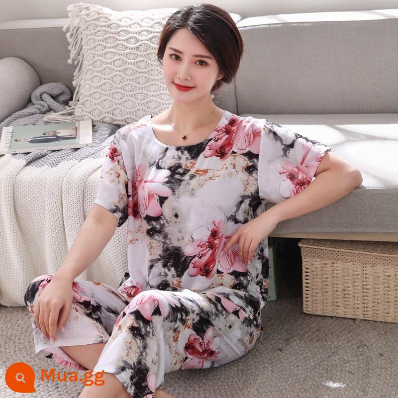 Bộ đồ ngủ bằng cotton cho người trung niên và người cao tuổi Bộ quần áo ngắn tay bằng cotton lụa mùa hè của phụ nữ cotton lụa cho mẹ quần áo mặc ở nhà cỡ lớn - Bộ ngôn ngữ mực và hoa