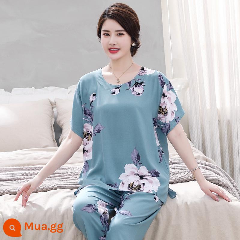 Bộ đồ ngủ bằng cotton cho người trung niên và người cao tuổi Bộ quần áo ngắn tay bằng cotton lụa mùa hè của phụ nữ cotton lụa cho mẹ quần áo mặc ở nhà cỡ lớn - Bộ Hoa Hồng Sa Mạc Xanh Bean