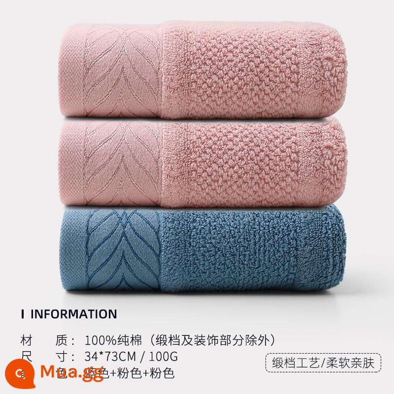 Khăn mặt Jie Liya 3 cái cotton nguyên chất Tân Cương mềm mại rửa mặt tắm hộ gia đình thấm nước nam nữ khăn mặt cotton khổ lớn - Hồng 2+Xanh đậm 1[Bánh quế]