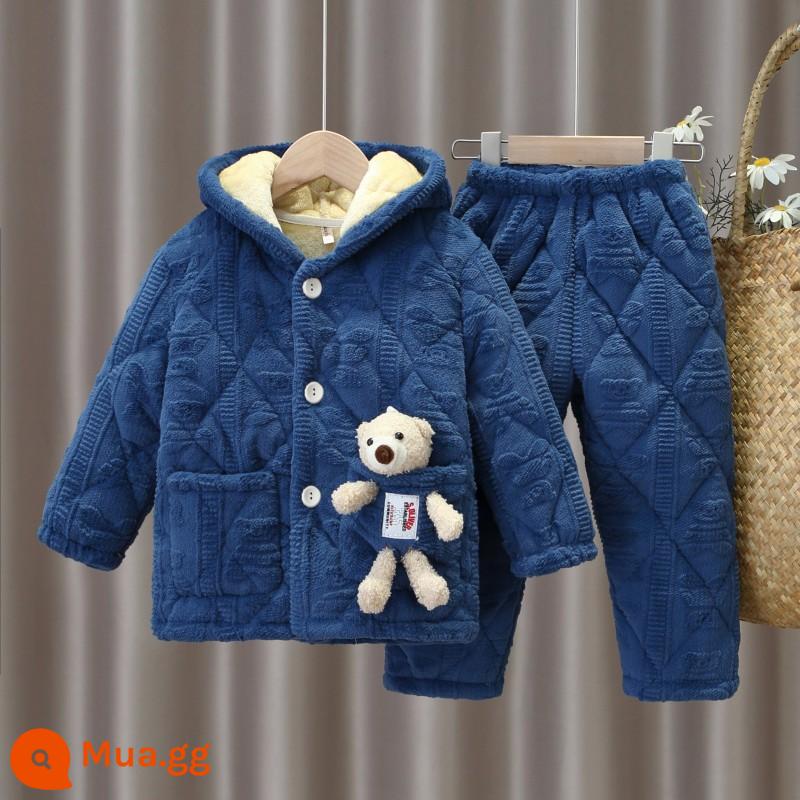 Gấu dễ thương mùa đông làm dày đồ ngủ trẻ em ấm flannel san hô bé trai và bé gái chần bông nhà bộ quần áo - TH93 Bánh Nhung Gấu Xanh