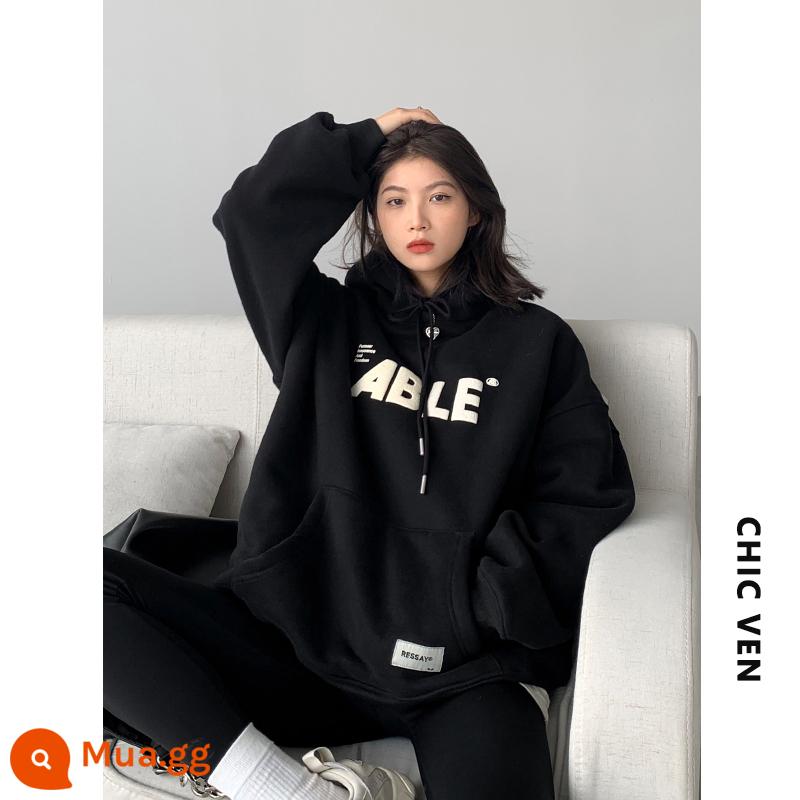 CHICVEN Mỹ Retro Xám Hoodie Nữ Plus Nhung Dày Dặn Thu Đông 2022 Áo Khoác Oversize Xu Hướng - sang trọng màu đen